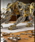 3-D Metal Cheetah Model Building Kit For Adults, Steampunk Leopard Challenge, golden finish on desk