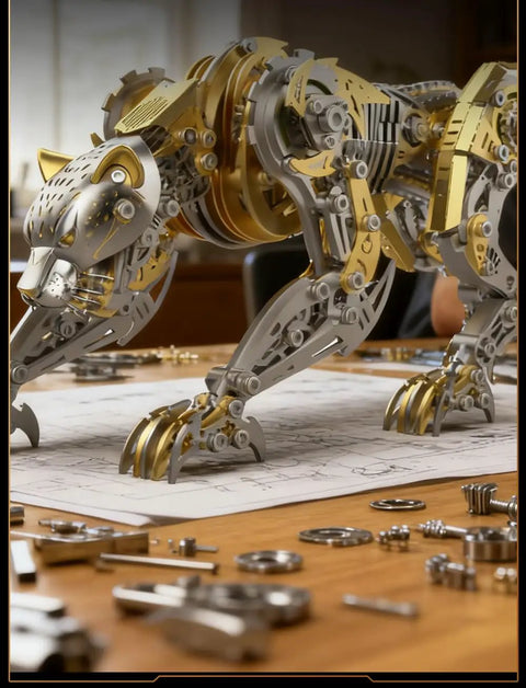 3-D Metal Cheetah Model Building Kit For Adults, Steampunk Leopard Challenge, golden finish on desk