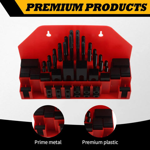 Heavy Duty 58-Piece T-Slot Clamp Kit With 1/2 And 3-8 Studs arranged in red organizer for CNC machining and fabrication projects.