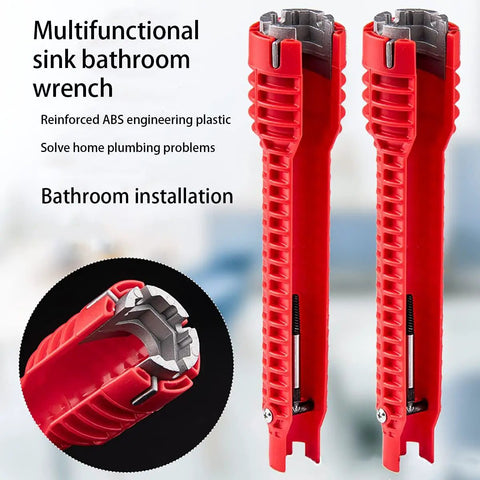 8 In 1 Multifunctional Sink Wrench Kit For Tight Spaces The DIY Friendly Plumbing Installation Tool For Faucets And Sinks Valves And Water Pipes Quick Install Removal Repair Fits One Half And Three Quarter Inch Connections showing red ABS plastic design