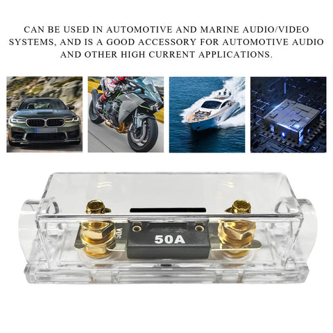 Heavy Duty ANL Fuse Holder With 50 Amp Inline Fuse Block For Car Audio Amplifier showing clear design and 50A fuse.