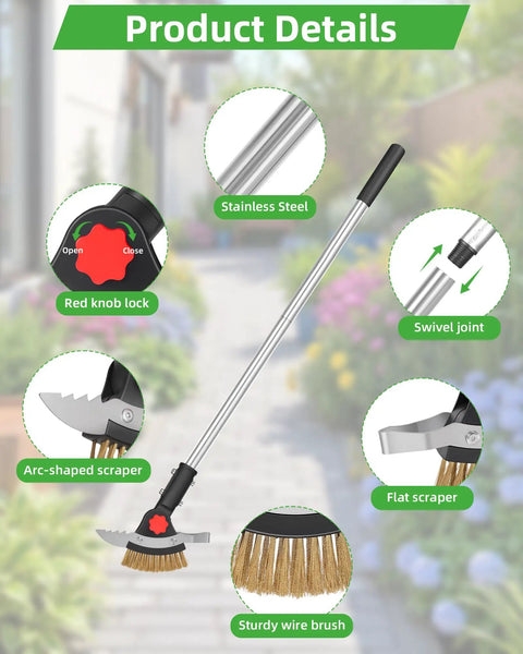 3 In 1 Long Reach Weeder With Stainless Steel Brush And Dual Scrapers, 58.6 Inch Adjustable Handle For Driveways Sidewalks And Lawns, Easily Pull Weeds Moss And Dirt Without Bending Your Back, stainless steel handle and brush closeup
