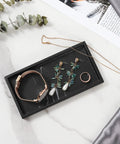 Keep Your Counter Slick Using This Solid Resin Vanity Tray Mini Ink Black Soap Dispenser Stand And Jewelry Catchall For Kitchen Organization Durable Build That Gonna Serve You Right. Jewelry and watch on black resin tray.