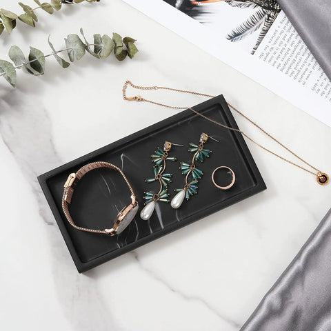 Keep Your Counter Slick Using This Solid Resin Vanity Tray Mini Ink Black Soap Dispenser Stand And Jewelry Catchall For Kitchen Organization Durable Build That Gonna Serve You Right. Jewelry and watch on black resin tray.