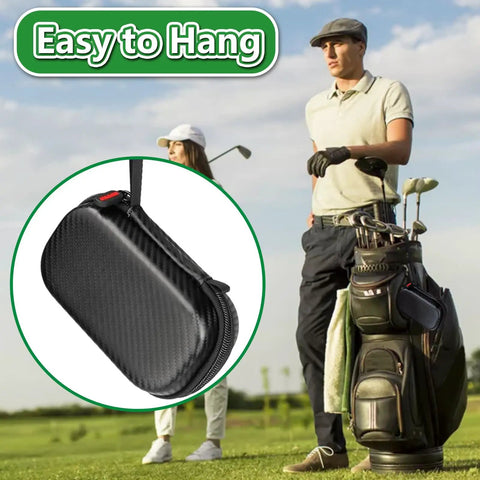 Golf Ball Line Marker Kit With 3 Stencils And 3 Color Markers In Red Blue And Black, showing portable compact case, on golf course.