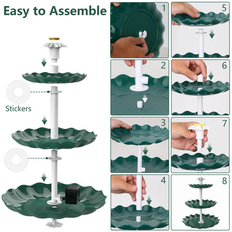 Solar Powered 3.5W Fountain Pump With 3 Tier Bird Bath DIY Water Feature For Garden Fish Tank And Outdoor Bird Feeder Detachable Design Easy To Install And Clean assembly guide showing step-by-step process