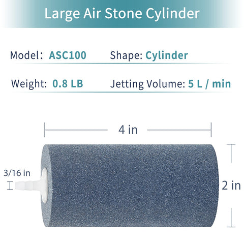 4 Inch Air Stone Cylinder For Larger Pumps Bubble Diffuser Release Tool For Buckets Fish Tanks Outdoor Garden Ponds And DWC Reservoirs 4 Pack Oxygenate Your Tank With Dense Micro Holes, showing model ASC100 with dimensions.