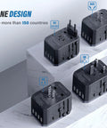 Four views of the All In One Universal Travel Adapter With USB C And Four USB A Ports Worldwide Power Adapter For Over 200 Countries Not A Voltage Converter Includes EU UK US JP AU Plugs Must Have Travel Charger.