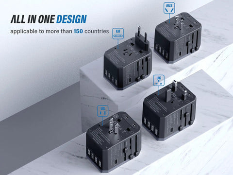 Four views of the All In One Universal Travel Adapter With USB C And Four USB A Ports Worldwide Power Adapter For Over 200 Countries Not A Voltage Converter Includes EU UK US JP AU Plugs Must Have Travel Charger.
