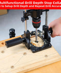 Portable Drill Guide With Angle Stops From -60 To 60 Degrees, Adjustable Drill Press Jig And 1/2 Inch Self Locking Chuck in use.