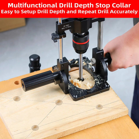 Portable Drill Guide With Angle Stops From -60 To 60 Degrees, Adjustable Drill Press Jig And 1/2 Inch Self Locking Chuck in use.