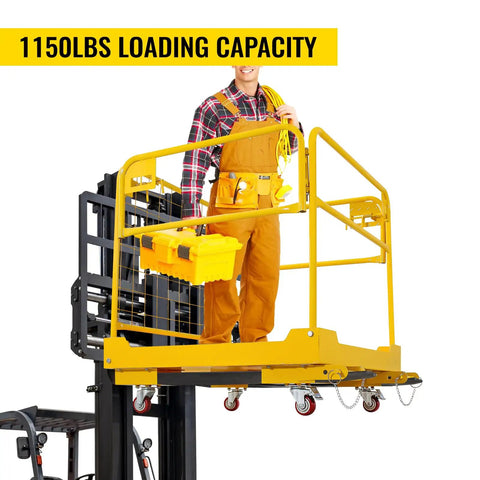 Heavy Hitter 36X36 Forklift Safety Cage With Foldable Man Basket 1200 Lb Rock Solid Construction integrated guardrails in use.