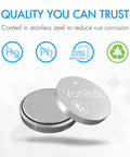 CR2032 3V Lithium Button Cell Batteries 6 Pack showing stainless steel coating for rust protection and clear labeling.