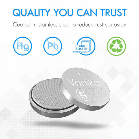 CR2032 3V Lithium Button Cell Batteries 6 Pack showing stainless steel coating for rust protection and clear labeling.