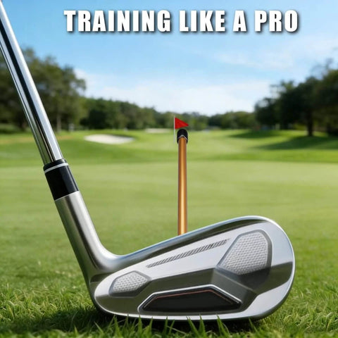 Two Pack Magnetic Golf Club Alignment Stick Training Aid with Magnet Lie Angle Tool in use with a golf club on the course.