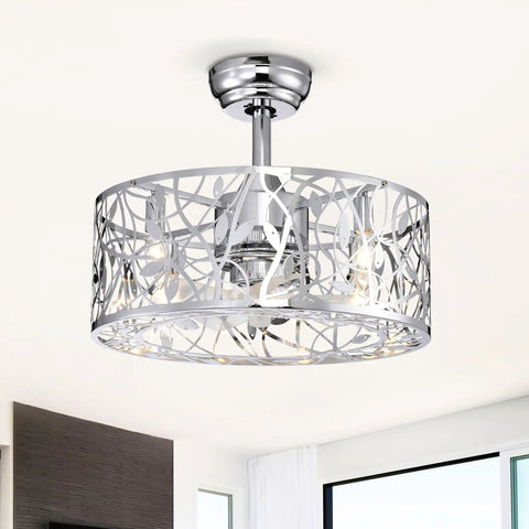 Neojoyoenix 18" Decor Forward Reverse 5 Blades Ceiling Fan Lamps,Cage Closed Industrial Style Vintage Fan with 3 Speeds Adjustable for Living Room, Bedroom, Kitchen, Chrome view from below with intricate design and chrome finish.