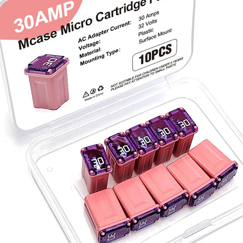 Ten Pack 30 Amp Micro Cartridge Fuses With Low Profile Box Shaped FMM Mcase Type 608830 For Cars SUVs And Trucks, Easy Replacement Kit