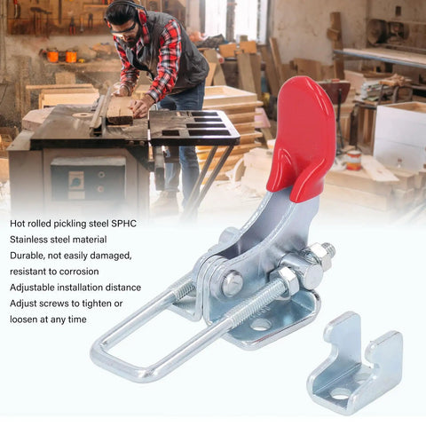 Heavy Duty Adjustable Toggle Latch Clamp For Cabinets Doors And Drawers 304 Stainless Steel in red and silver in a workshop.