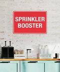 Aluminum Notice Sign 8x12 Inches All Weather Outdoor Ready Built Tough Pro Grade Construction Pre Drilled Holes Industrial Plant And Commercial Building Water Supply Zone Plaque red sprinkler booster sign on brick wall