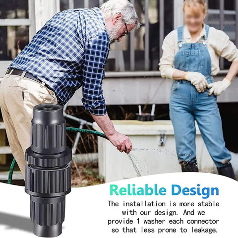 Quick Fix Garden Hose Repair Kit With Plastic Male And Female Connectors To Seal Leaks, Join Pipes, And Boost Water Pressure In Your Irrigation System Today black plastic hose connector shown with garden watering scene