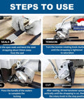 Steps to use a Split Pneumatic Strapping Machine For Metal Banding, showing sealing, tensioning, and cutting actions.