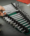 Hand using 16 Slot Reversible Wrench Rack Set For SAE And Metric Tools Up To 1 Inch, 2 Pack, Adjustable Design Delivers 30 Percent More Storage