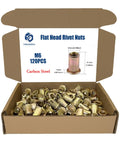 Open box of M6 Rivet Nuts Kit With 120 Pieces M6x1.0 Carbon Steel Zinc Plated Flat Head Knurled Nutserts For Auto Repair And DIY Projects.