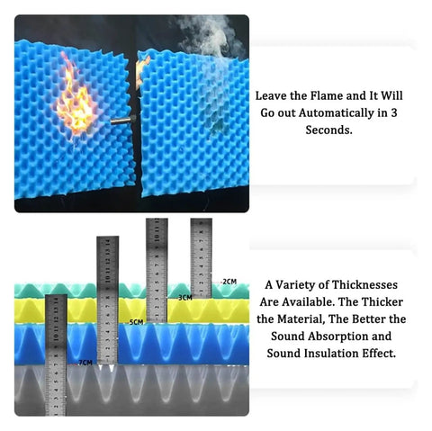 Premium Soundproofing Panels 3 Cm Thick Acoustic Foam Wall Mats showing fire resistance and multiple thicknesses for sound insulation.