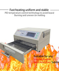 800W Infrared Reflow Oven Soldering Station with Hot Air Circulation for PCB Boards, fast heating, open tray view.
