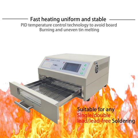 800W Infrared Reflow Oven Soldering Station with Hot Air Circulation for PCB Boards, fast heating, open tray view.