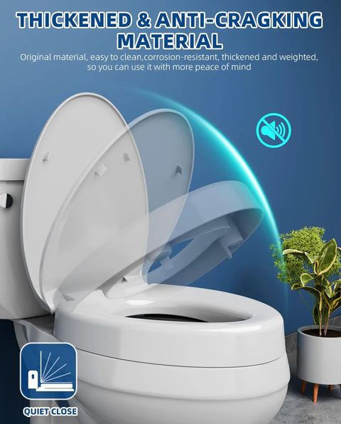 Elevated Toilet Seat 3 Inch Rise For Elongated Bowls Senior Mobility Booster shows thickened lid with anti-cracking material.