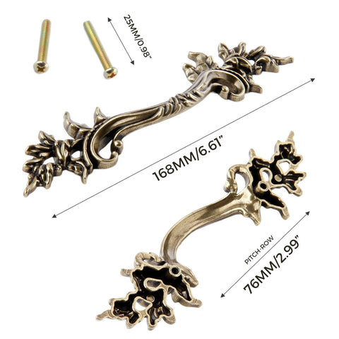 Five Piece Antique Bronze Drawer Handle Set 6.61 Inch Vintage Cabinet Pulls with 76mm hole spacing and 4mm screws, top view