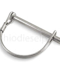 Rock Solid Stainless Steel PTO Round Shaft Locking Trailer Hitch Pin 1/4 Inch Diameter By 2 1/4 Inch Length Pack Of 3 close-up of pin with safety latch.