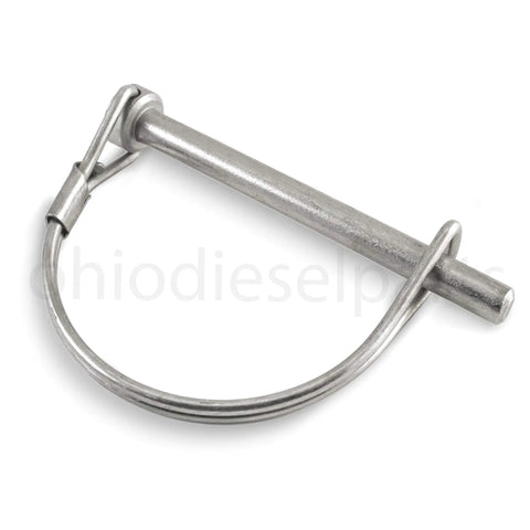 Rock Solid Stainless Steel PTO Round Shaft Locking Trailer Hitch Pin 1/4 Inch Diameter By 2 1/4 Inch Length Pack Of 3 close-up of pin with safety latch.