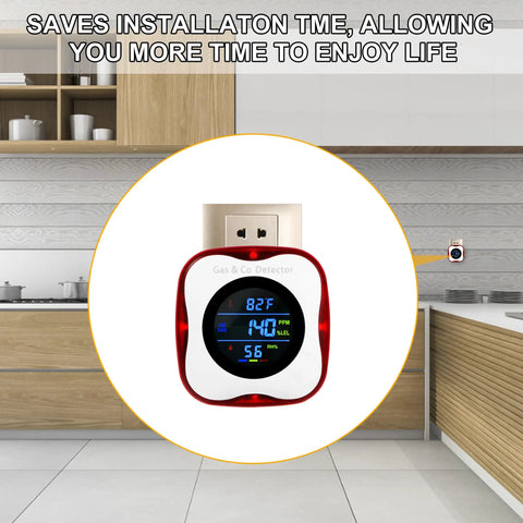 Four In One Plug In Carbon Monoxide And Gas Leak Detector with Real Time Display in modern kitchen setting.