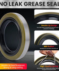 Trailer axle bearing seal kit with gold outer lip and black inner race; rustproof, no-leak, double-lip design.