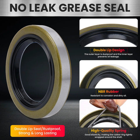 Trailer axle bearing seal kit with gold outer lip and black inner race; rustproof, no-leak, double-lip design.