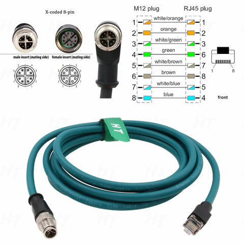 M12 X Code 8 Pin To RJ45 Ethernet Cable Cat7e 3m with connectors and wiring diagram for Cognex In Sight Basler Microscan