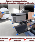 Beefy Heavy Duty Drawer Slides With Lock Full Extension Metal Rails 53mm Wide 1350mm Long Smooth Glide Runners shown in RV setup