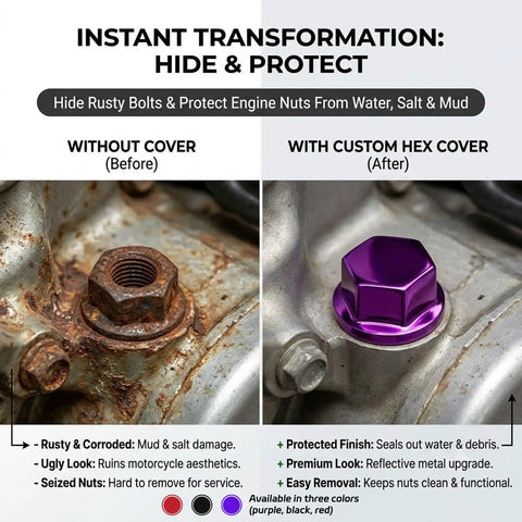 Badass Universal Motorcycle Bolt Covers, Rugged Hexagon Metal Engine Nut Caps shown covering rusty nut before and after, highlighting protection.