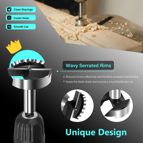 Wavy serrated Forstner bit from the Straight Shooting Precision Forstner Bit Set for Woodworking, ideal for clean hole boring.