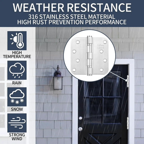 Weather resistance graphic for Heavy Duty 4 Inch Door Hinges Marine Grade 316 Stainless Steel Ball Bearing 5 By 8 Radius Rust Proof