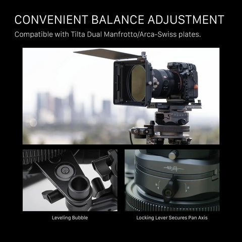 Hydra X Dan Ming High Speed Pan System Pro Kit with camera mounted, leveling bubble and locking lever details