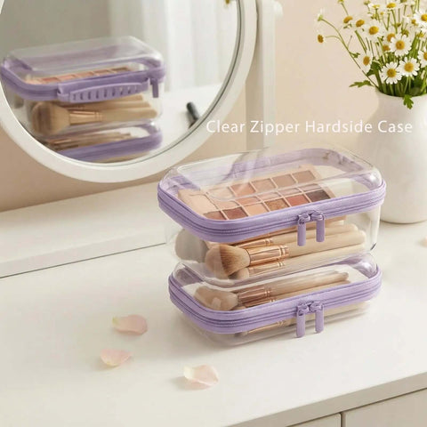 Chill About Packing With These Big Time Clear Hard Shell Zipper Storage Cases featuring deep capacity organizer pouches on a vanity.