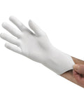 Pro Grade Inspection Gloves For Precision Work Ambidextrous White Nylon Knit Seamless Gloves Size Large 9.0 shown on hand