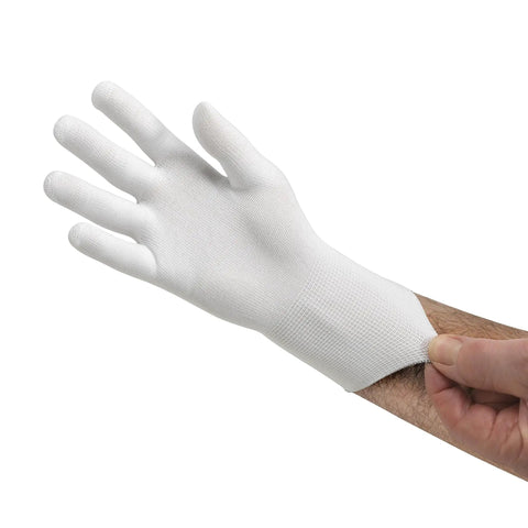 Pro Grade Inspection Gloves For Precision Work Ambidextrous White Nylon Knit Seamless Gloves Size Large 9.0 shown on hand
