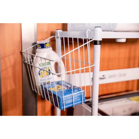 Stacking Laundry Center For Washer And Dryer With Adjustable Shelf Space Saver, White, Perfect For Apartments, Homes basket detail