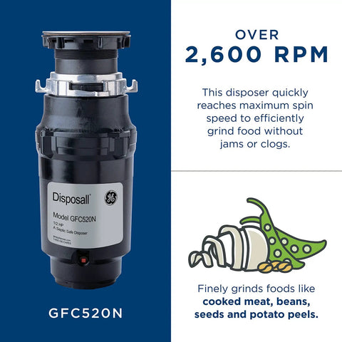 Disposall 1/2 HP Continuous Feed Garbage Disposer With Easy Install Kit Non Corded for 2-4 person homes, over 2600 RPM