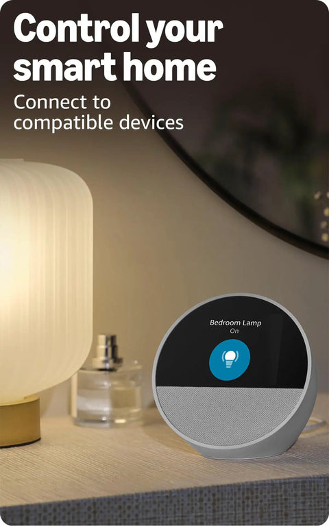 Dope Wireless Smart Alarm Clock With Sleek Build And Thumping Bass Solid For Nightstands Or Kitchens Checks Weather Streams Tracks Manages Connected Devices Glossy Black beside a lamp.