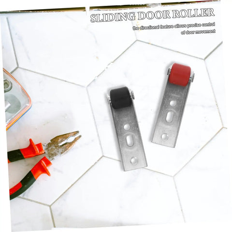 Hella Durable Heavy Duty Sliding Door Rollers And Silent Barn Door Caster Wheels With Vertical Support, metal brackets with wheels on a tiled surface.